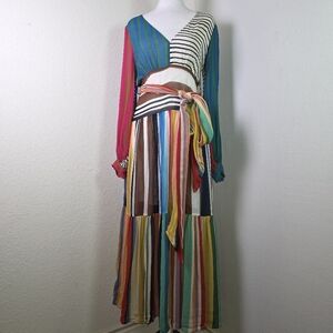 FARM Rio Thalita Multicolor Stripe Maxi Dress S Boho Patchwork Wrap Tie